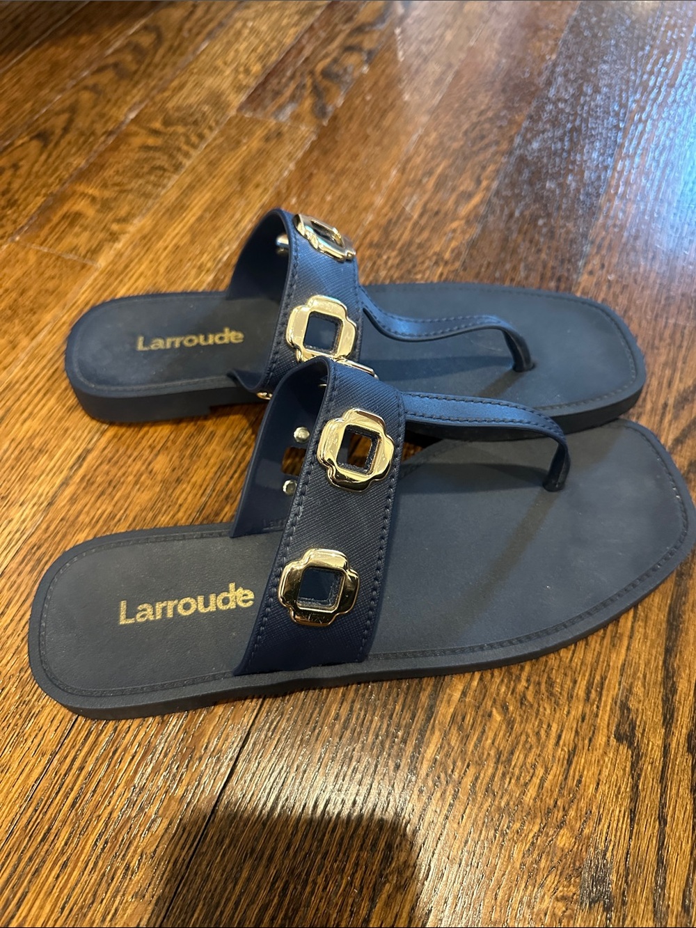 Larroude Navy Slide Sandals with Gold Buckle Embellishments